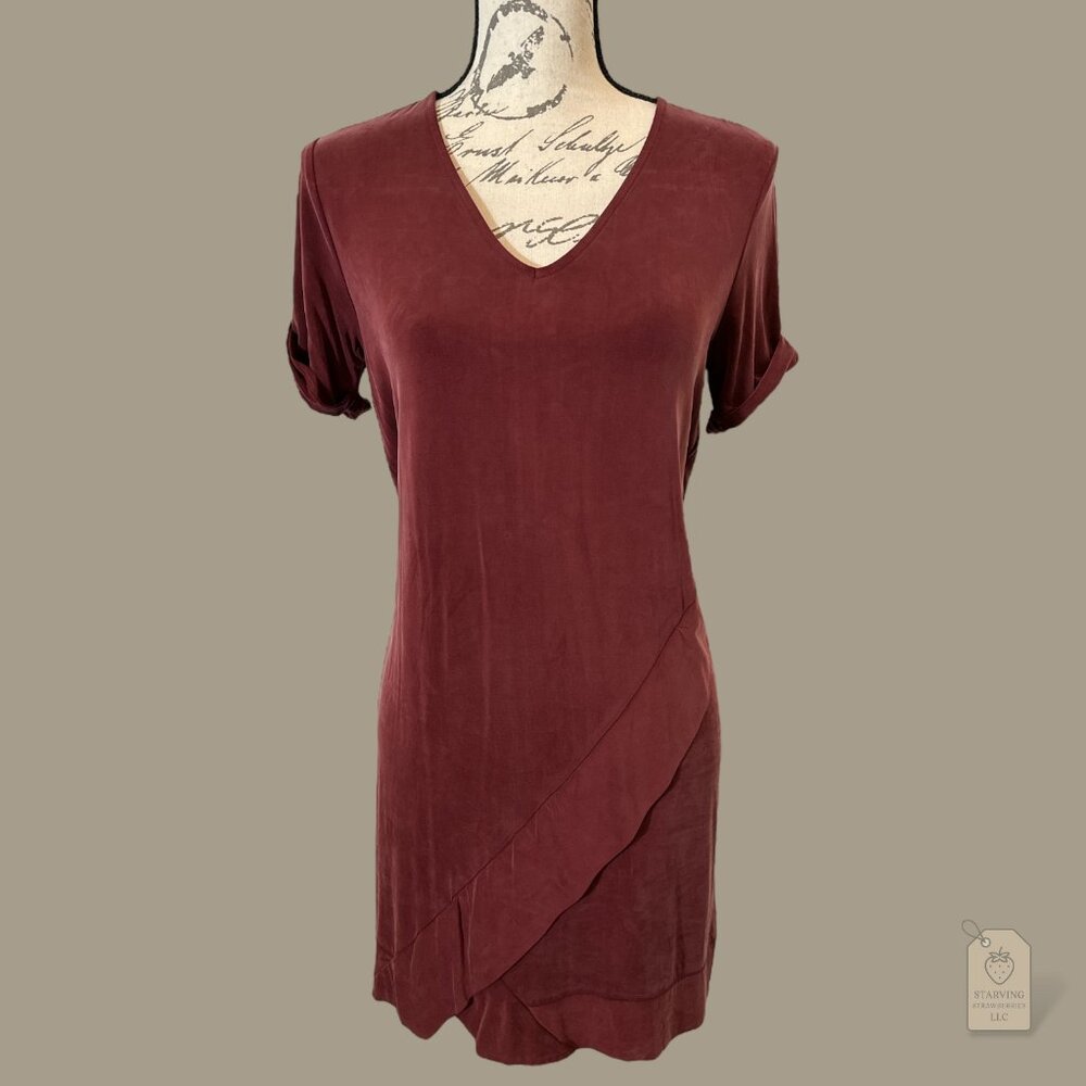 Anthropologie Dolan Burgundy Cupro V-Neck Tunic Dress | XSP Minimalist Layer